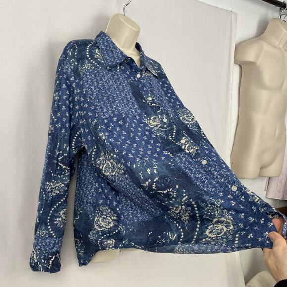 Chaps Top Women 3X Blue Patchwork Paisley Floral Bandana Print Button Front Boho - Picture 4 of 11